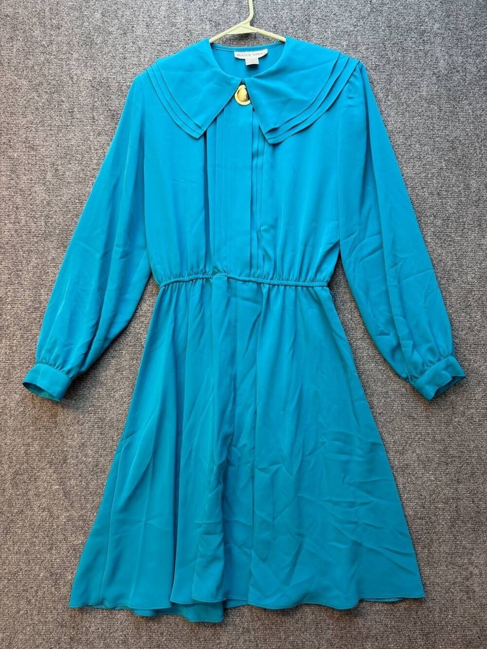 Hana Sung Women Dress Size 12 Teal Vintage Long Sleeve Pleated Collar 39in